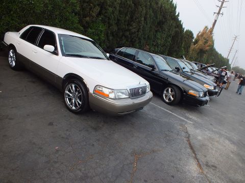 2003 Ford Crown Victoria - Two-tone Mercury Grand Marquis leads a line of black sedans parked along trees in fading light.