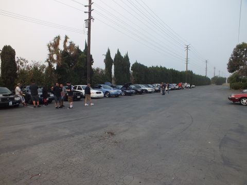 2003 Ford Crown Victoria - wide view of a parking-lot car meet with sedans lined up along trees and a group of people standing in the foreground.