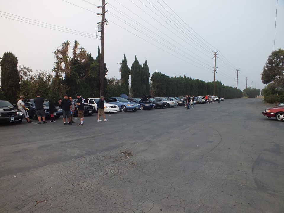 Wide view of a car meet with sedans lined up and people standing in the lot