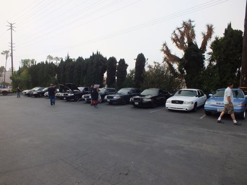 2003 Ford Crown Victoria - row of full-size sedans, including white and light-blue cars, parked at an angle as people walk through the lot.