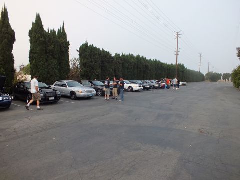 2003 Ford Crown Victoria - long row of parked cars stretches along a tree-lined lot with several people gathered between the vehicles.