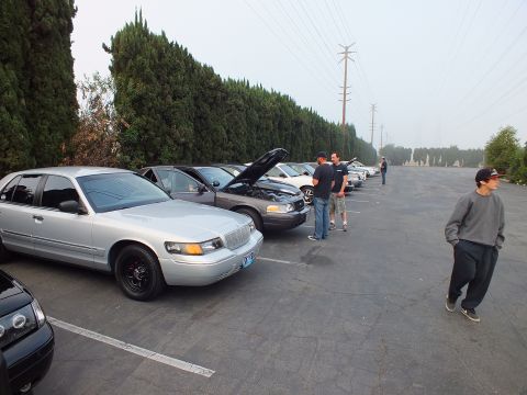 2003 Ford Crown Victoria - silver Mercury Grand Marquis leads a row of parked full-size sedans along a hedge as a young man walks in the foreground.