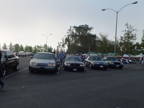 2003 Ford Crown Victoria - Four full-size sedans parked nose-out in lot stalls under an open evening sky with event tents in the background.