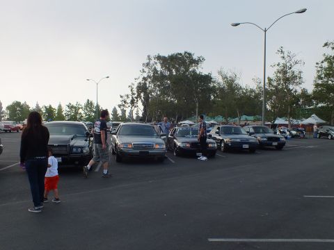 2003 Ford Crown Victoria - Full-size sedans parked nose-out in a large lot as several people walk between the cars near event tents at dusk.