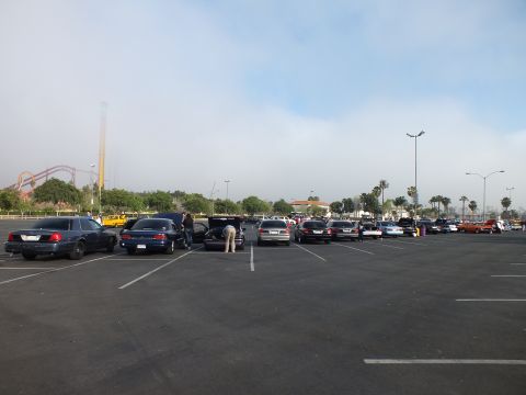 2003 Ford Crown Victoria - Dark full-size sedans line up in a wide parking lot at dawn, with an amusement-park roller coaster visible in the misty distance.