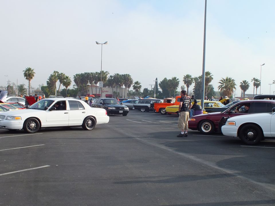 White sedans and colorful classic cars lined up at a car meet