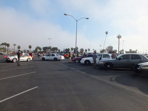 2003 Ford Crown Victoria - light sports car, white police-style sedans and a black sedan are spread across a misty parking lot with people walking between them.