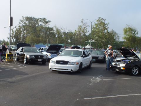 2003 Ford Crown Victoria - white Ford full-size sedan sits in the foreground of a car meet, with a black car's hood raised to show its engine at right.