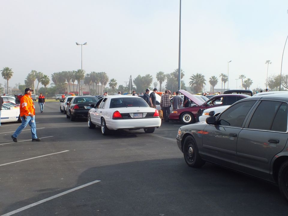 White Ford sedan and gray sedan at a car meet with people gathered
