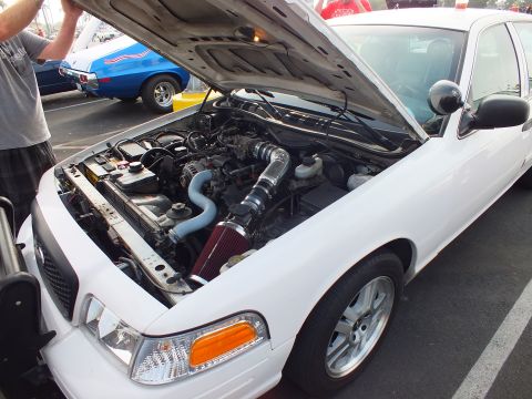2003 Ford Crown Victoria - white Ford Crown Victoria with its hood raised, revealing a red cone air filter and aftermarket intake piping.