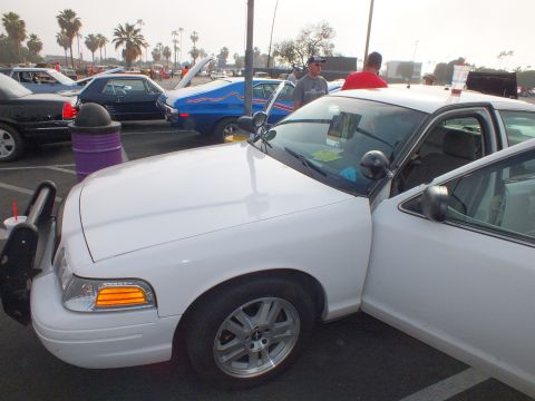2003 Ford Crown Victoria - white Ford Crown Victoria parked at an outdoor car show, front door open, with palm trees and other cars in the background.
