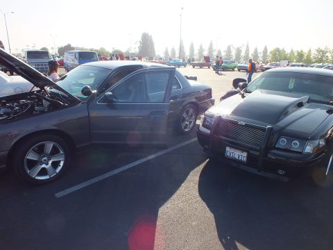 2003 Ford Crown Victoria - black Ford sedan fitted with a police push bar and the vanity plate EVIL VIC parks beside a gray sedan at the show.