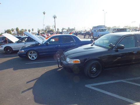 2003 Ford Crown Victoria - black Ford Crown Victoria with steel wheels parks beside another dark Crown Victoria at a sunny car-show lot.