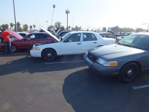 2003 Ford Crown Victoria - white Ford Crown Victoria shows its engine with the hood up next to a gray Crown Victoria at a car show.