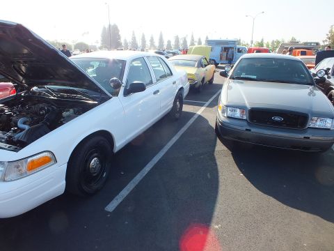 2003 Ford Crown Victoria - white Crown Victoria with raised hood parks beside a silver Ford Crown Victoria in a busy car-show lot.