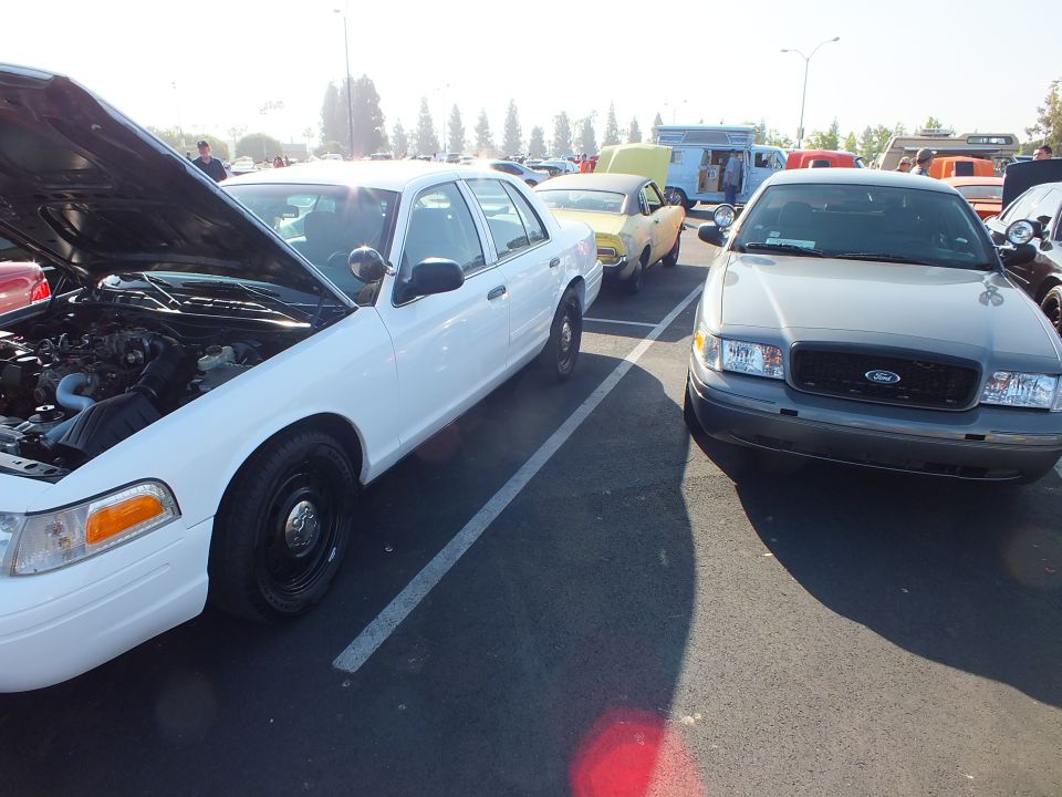 White Crown Victoria with open hood and silver Ford Crown Victoria at a car show