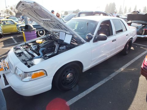 2003 Ford Crown Victoria - white Ford Crown Victoria sedan with hood raised, black steel wheels, and an info card displayed in the engine bay at a car show.