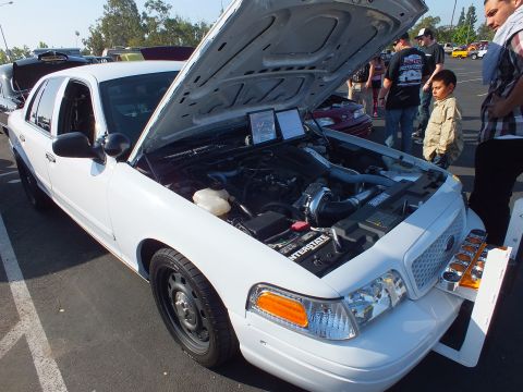2003 Ford Crown Victoria - white Ford Crown Victoria with chrome push bar and raised hood, several spectators including a child standing alongside at a car show.