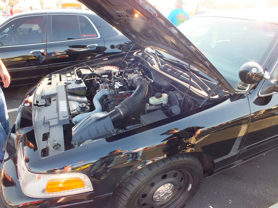 Engine bay of a black Ford sedan with hood open at a car show
