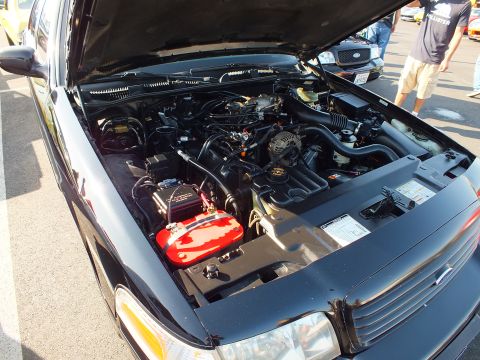 2003 Ford Crown Victoria - Engine bay of a black Ford with hood raised, showing a red relocated battery box and intake, spectators in the background.