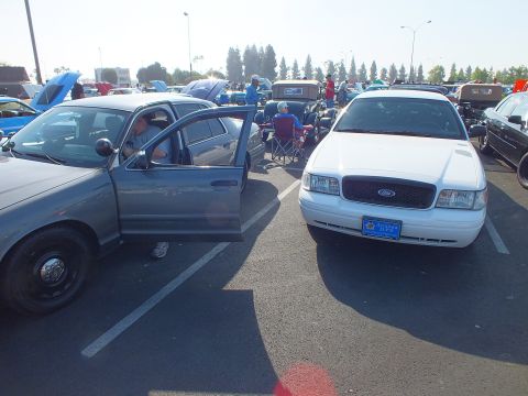 2003 Ford Crown Victoria - gray sedan with its driver door open parked beside a white Ford Crown Victoria at a sunny outdoor car show.