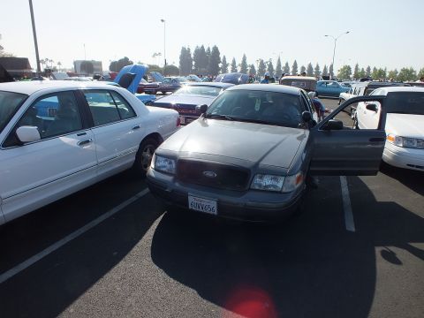 2003 Ford Crown Victoria - gray Ford Crown Victoria with a door open and California plate 6UVK656 parked between white sedans at an outdoor show.