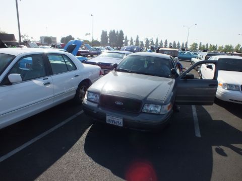 2003 Ford Crown Victoria - gray Ford Crown Victoria with its door ajar and California plate 4UVW656 parked beside white sedans at a sunny car show.