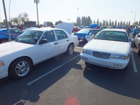 2003 Ford Crown Victoria - white Ford Crown Victoria parked next to a white Mercury sedan with a waterfall grille in a sunlit car show lot.