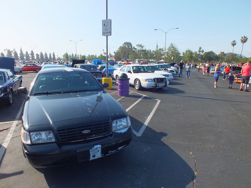Black Ford Crown Victoria with front plate frame at a busy car show
