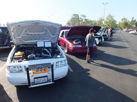 2003 Ford Crown Victoria - white sedan displays its engine bay with plate GHST VIC, a maroon car to the right and onlookers nearby.