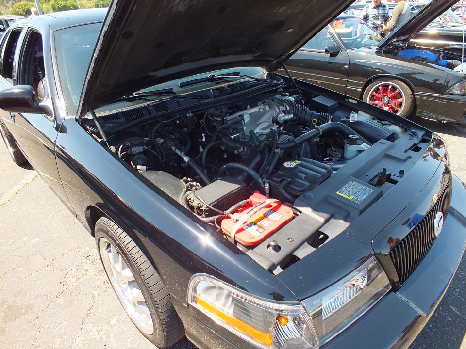 Engine bay of a black sedan with hood open showing V8 and red battery cover