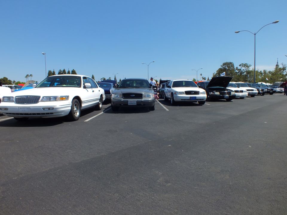 Row of full-size sedans parked at an outdoor car show under clear sky