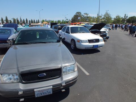 2003 Ford Crown Victoria - gray Ford sedan with California plate 6UVV656 parked next to a white Ford sedan at a sunny car show.