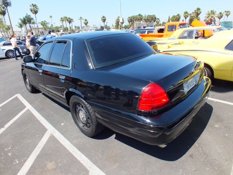 2003 Ford Crown Victoria - rear three-quarter view of a black Ford sedan parked among colorful cars and palm trees at an outdoor car show.