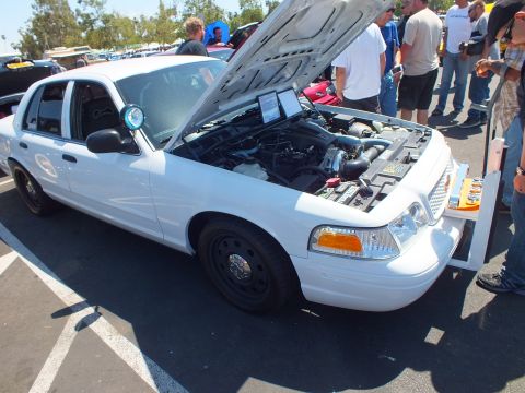 2003 Ford Crown Victoria - white Ford sedan with its hood raised and a laptop resting on the engine bay, displayed at an outdoor car show.