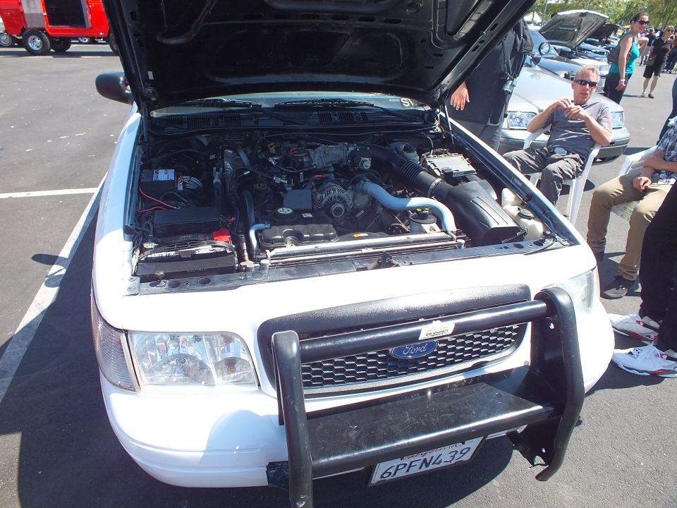 White SUV with open hood and black push bar showing engine bay, Ford grille, at a car show