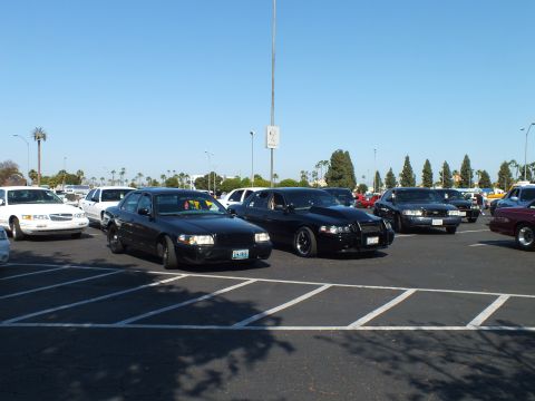 Black full-size sedans parked in a sunny lot under a clear blue sky