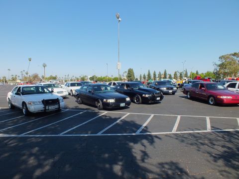 White, black and red full-size sedans lined up in a sunny parking lot