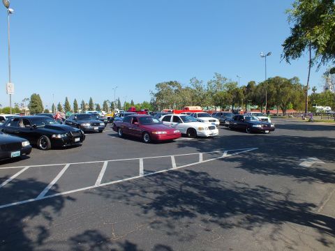 Black, maroon and white sedans parked in a large sunny lot