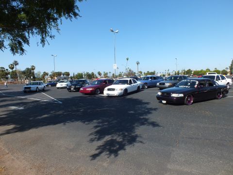 Lowered purple sedan and other full-size cars parked in a shaded sunny lot