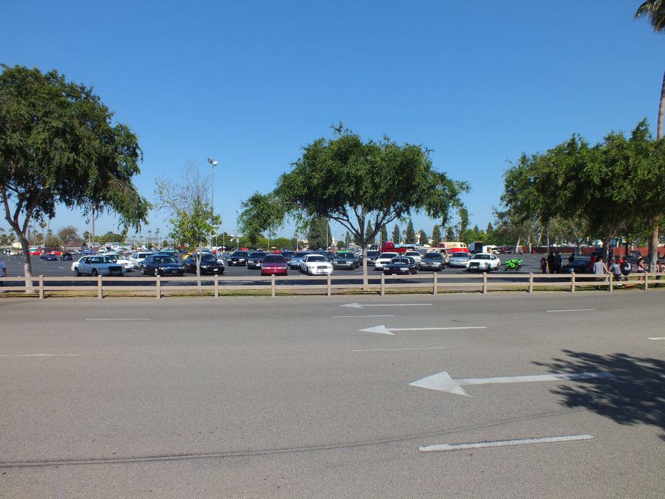 Cars lined up in a parking lot behind a low wooden fence on a sunny day