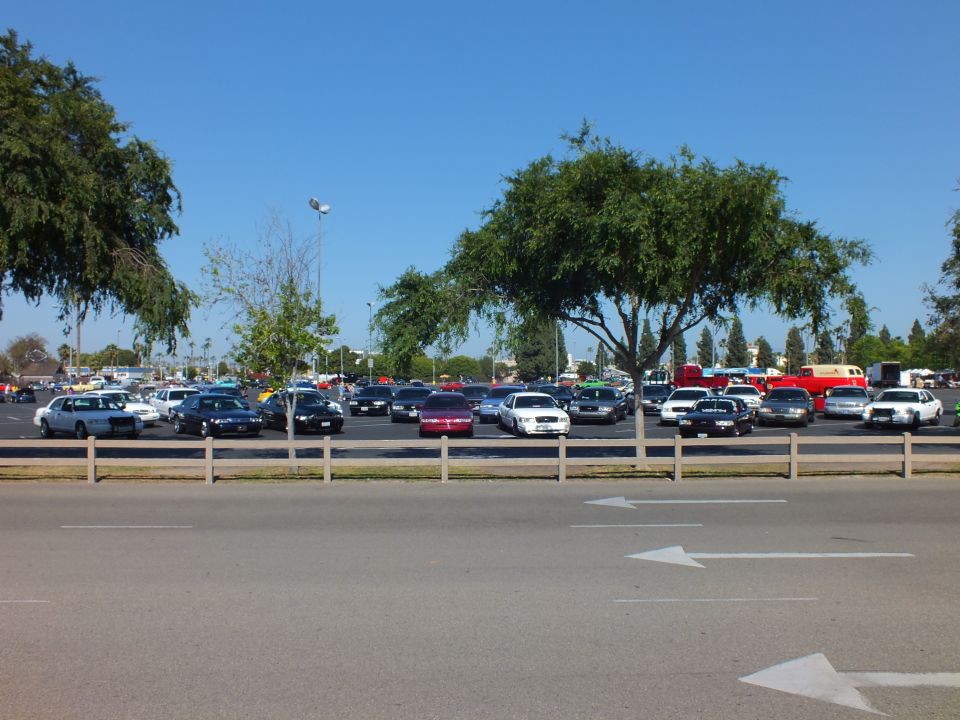 Mixed parked cars including a maroon sedan behind a wooden fence