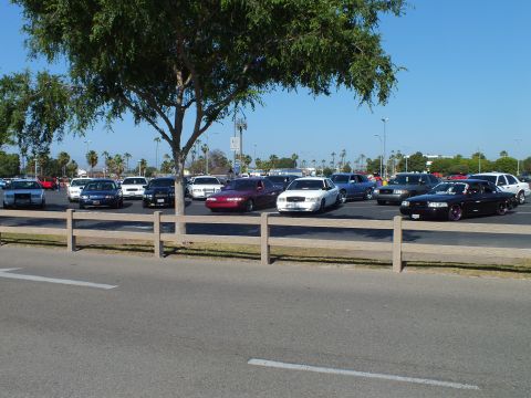 Row of parked sedans including maroon and white cars behind a wooden fence