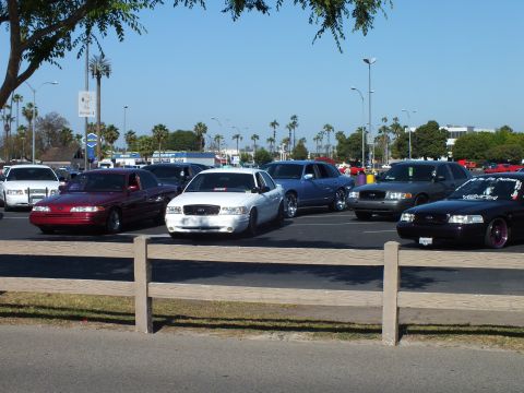 White Ford sedan and maroon coupe parked close behind a wooden fence