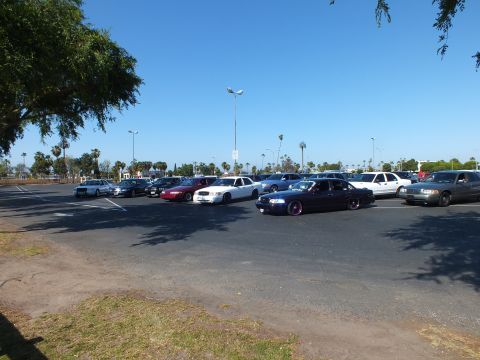 Sedans parked at angles with a dark car at center in a sunny lot