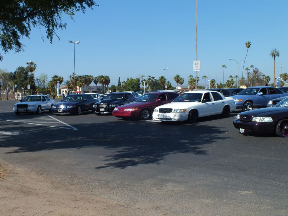 Cars angle-parked including a maroon and white sedan in a sunny lot