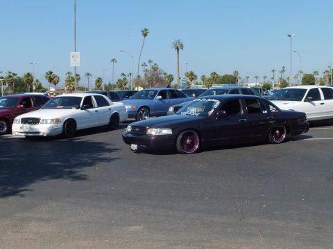 Lowered dark Ford sedan with purple wheels beside a white Ford sedan