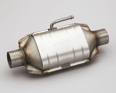 1988 Ford Bronco - A universal-fit catalytic converter shown against a plain white background, featuring an oval stainless steel body with a corrugated heat s…