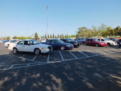 White, blue, and maroon sedans parked in a row in an open paved lot