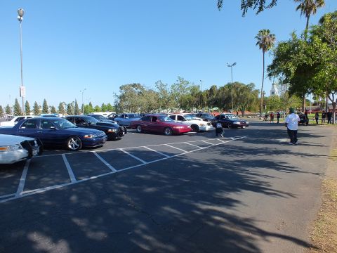 Lowered sedans parked in a row across a large sunny asphalt lot